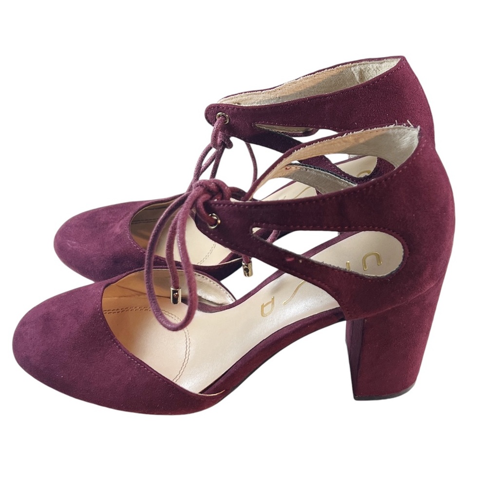 Unisa Faux Suede Ankle Tie Block Heel Pumps Burgundy Size 6 1/2 Valentine Fall - Picture 6 of 9